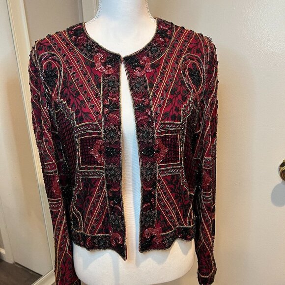 Vintage Niteline by Della Roufogali Red Beaded jacket, SIze Medium - Picture 1 of 14